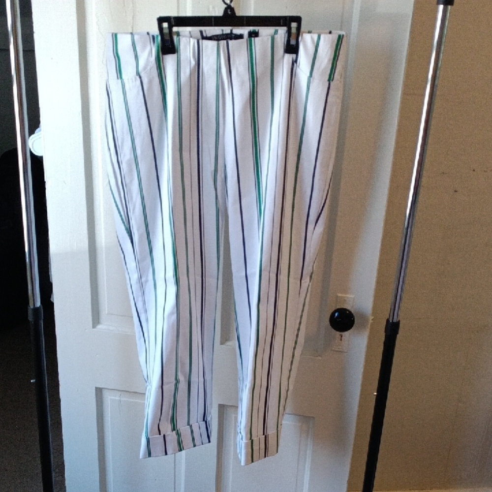 Insight Striped White Trousers with Green and Black Accents